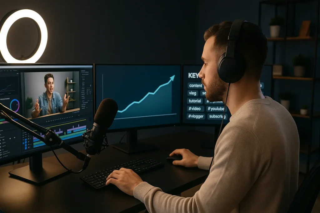 Como Viralizar Nas Redes Sociais: O Guia Completo E Atualizado 5 Criador de conteúdo em frente a três monitores com vídeo, gráficos e hashtags.