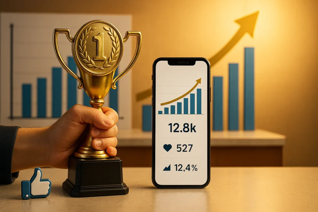 Engajamento Instagram: 25 Técnicas Comprovadas Para Triplicar Seus Resultados 10 Mão segurando troféu dourado ao lado de celular com gráfico de crescimento e likes exibidos