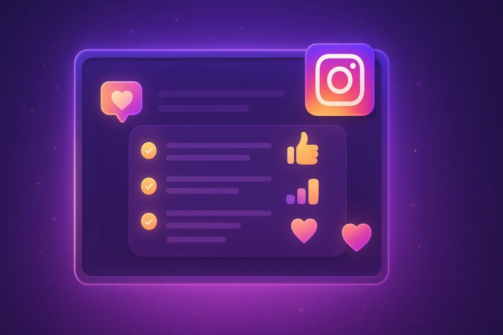 Engajamento Instagram: 25 Técnicas Comprovadas Para Triplicar Seus Resultados 4 Lista de técnicas do Instagram flutuando em quadro digital roxo e dourado