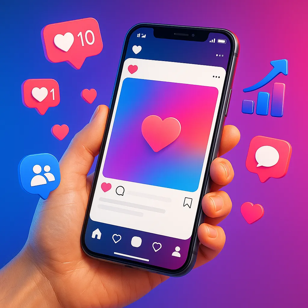 Engajamento Instagram: 25 Técnicas Comprovadas Para Triplicar Seus Resultados 2 Mão segurando um smartphone exibindo a interface do Instagram com ícones de curtidas, seguidores e comentários flutuando.