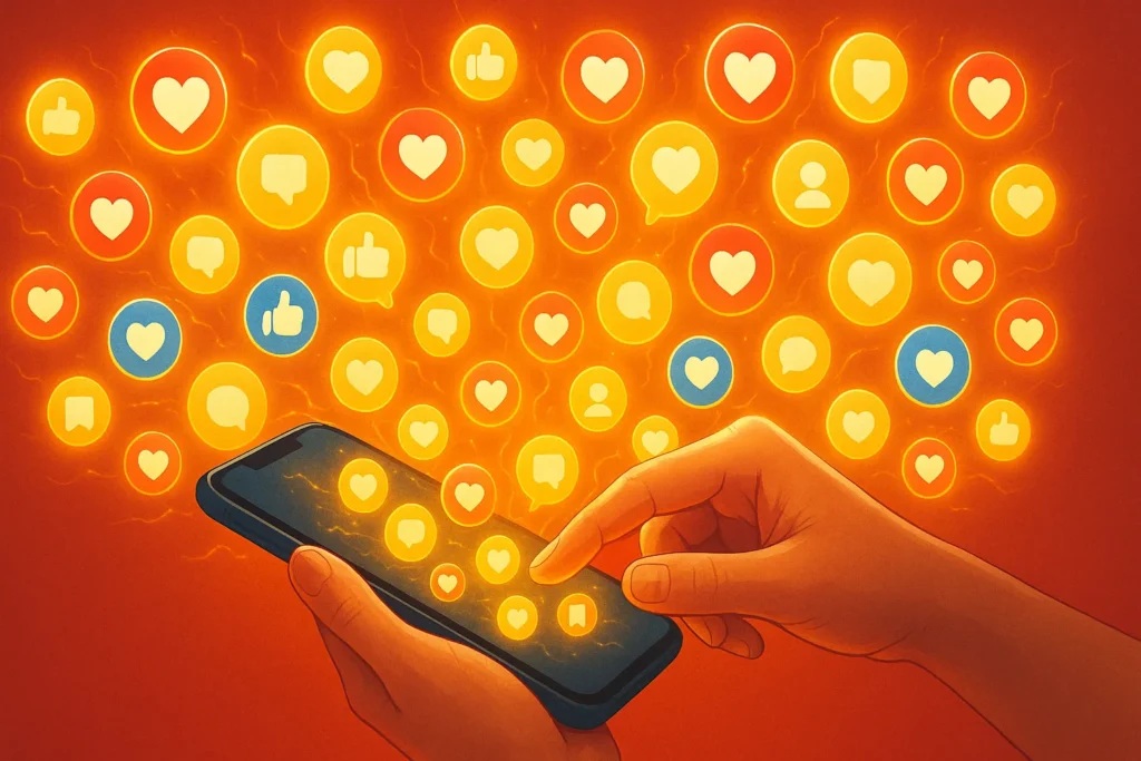Como Viralizar Nas Redes Sociais: O Guia Completo E Atualizado 7 Mãos interagindo com celular cercadas por dezenas de emojis flutuantes em fundo laranja e vermelho