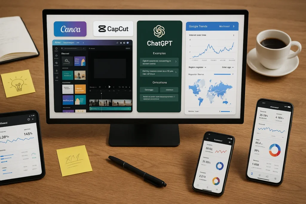 Como Viralizar Nas Redes Sociais: O Guia Completo E Atualizado 9 Estação de trabalho com tela de computador exibindo Canva, CapCut, ChatGPT, Google Trends e Metricool, ao lado de tablet e celular com dashboards.