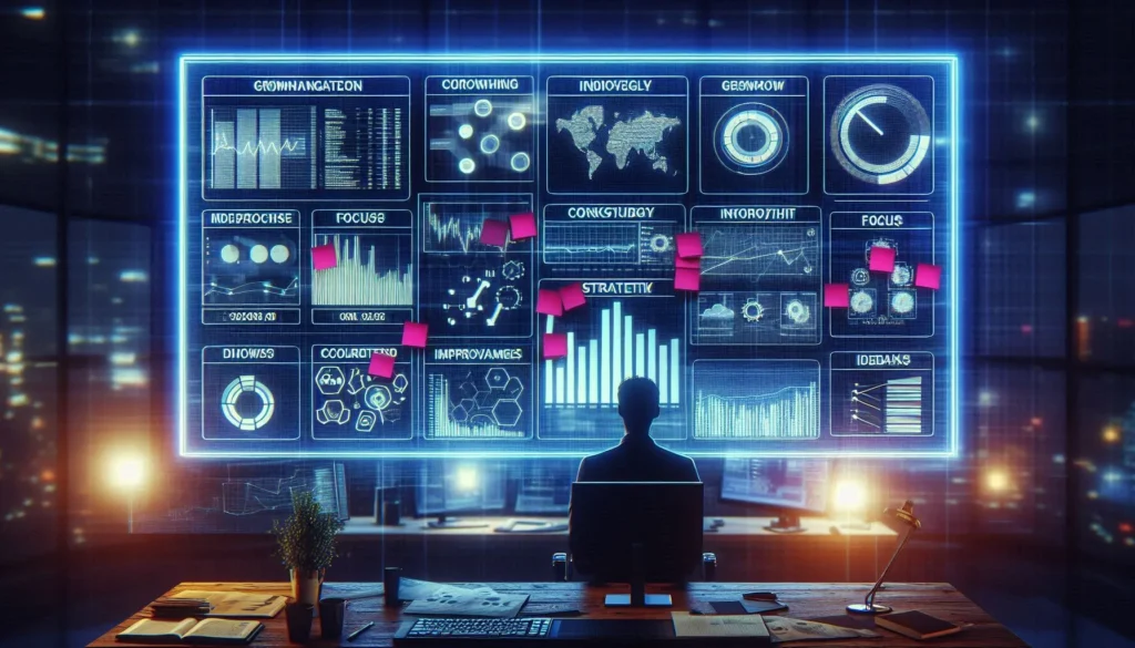 12 Ideias De Posts Para Instagram Que Geram Engajamento Real 8 Pessoa analisando gráficos em um painel de métricas digitais com post-its e insights visuais ao fundo.