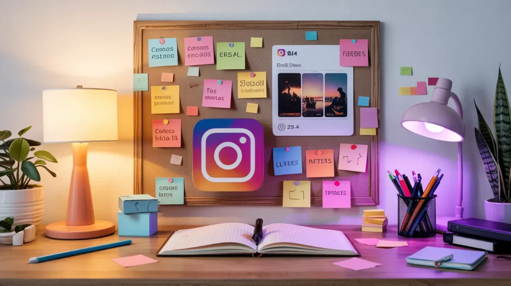 12 Ideias De Posts Para Instagram Que Geram Engajamento Real 1 Mesa de trabalho digital com ideias de posts do Instagram flutuando: carrossel, reels, stories, enquetes e lives.