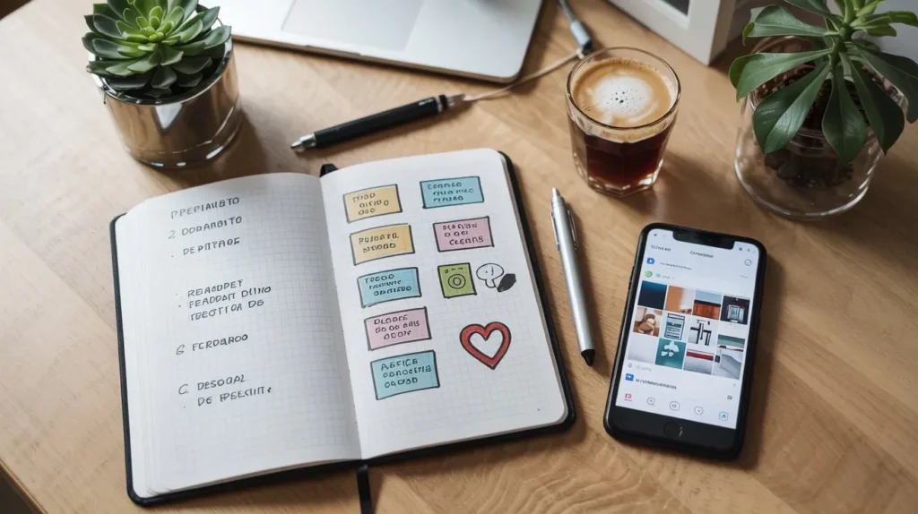 Planejamento de posts para Instagram em caderno aberto, com ícones desenhados e celular ao lado exibindo feed de rede social.