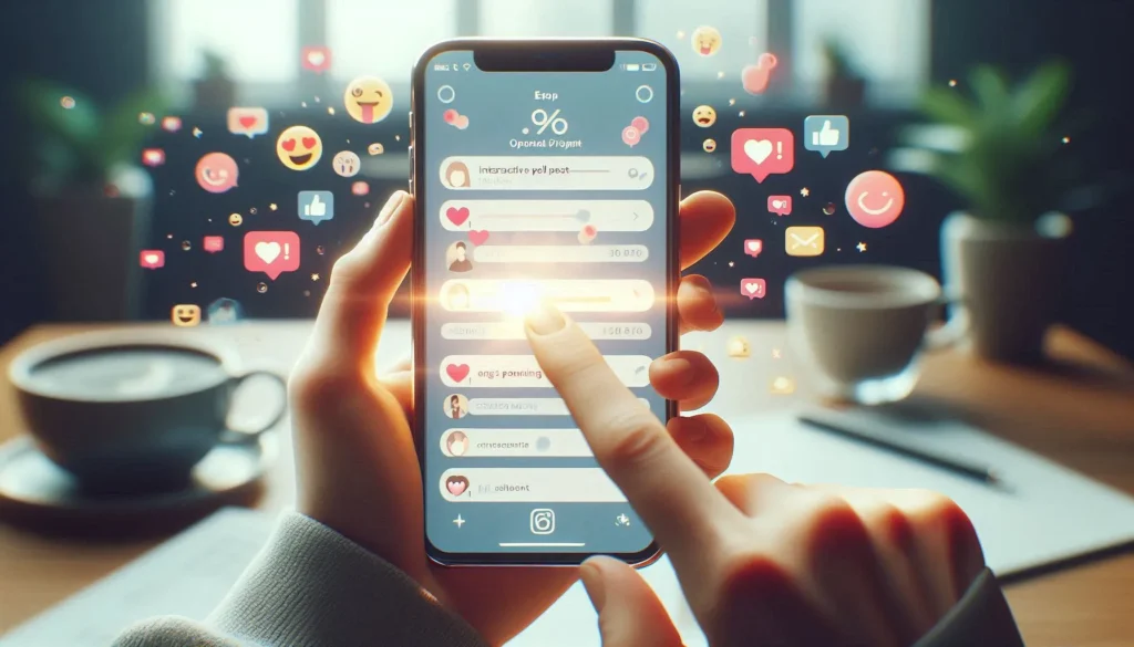 12 Ideias De Posts Para Instagram Que Geram Engajamento Real 6 Mão tocando tela de smartphone com enquete ativa no Instagram, emojis e bolhas de conversa ao redor.