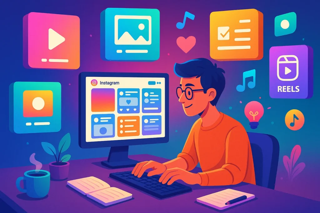 12 Ideias De Posts Para Instagram Que Geram Engajamento Real 3 Mesa criativa com diferentes tipos de conteúdo digital representando variedade no Instagram