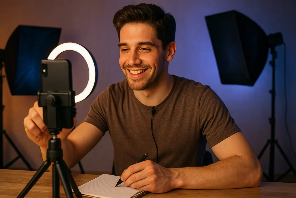 12 Ideias De Posts Para Instagram Que Geram Engajamento Real 4 Criador de conteúdo sendo filmado nos bastidores enquanto prepara uma gravação, com luzes de estúdio ao fundo.
