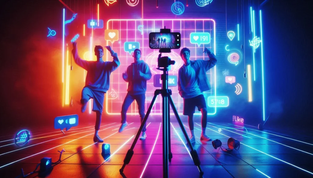12 Ideias De Posts Para Instagram Que Geram Engajamento Real 7 Criadores dançando em frente ao celular com efeitos de redes sociais como curtidas, hashtags e luzes neon.