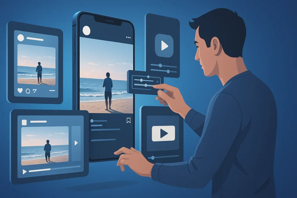 Como Criar Conteúdo: 7 Passos Práticos Para Nunca Mais Ficar Sem Ideias 7 Profissional ajustando versões de conteúdo para Instagram, TikTok, YouTube e podcast em smartphone flutuante