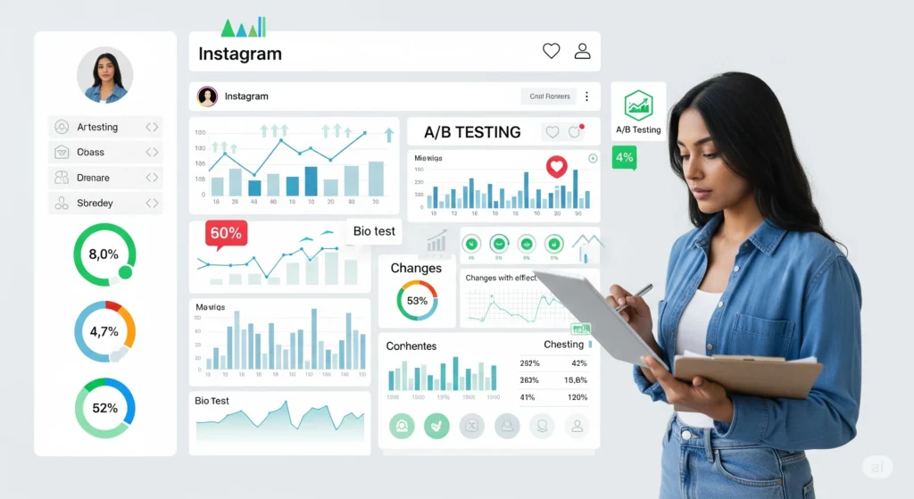 Bio Instagram Perfeita: 10 Elementos Essenciais Para Converter Visitantes Em Seguidores 8 Dashboard de análise de perfil de Instagram com gráficos de crescimento, testes A/B e acompanhamento de métricas.