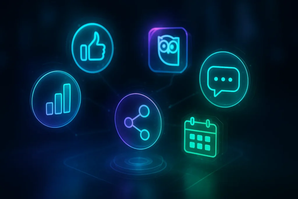 11 Métricas De Redes Sociais Que Realmente Importam Para Seu Negócio 6 Ferramentas de marketing digital flutuando como hologramas sobre bancada futurista