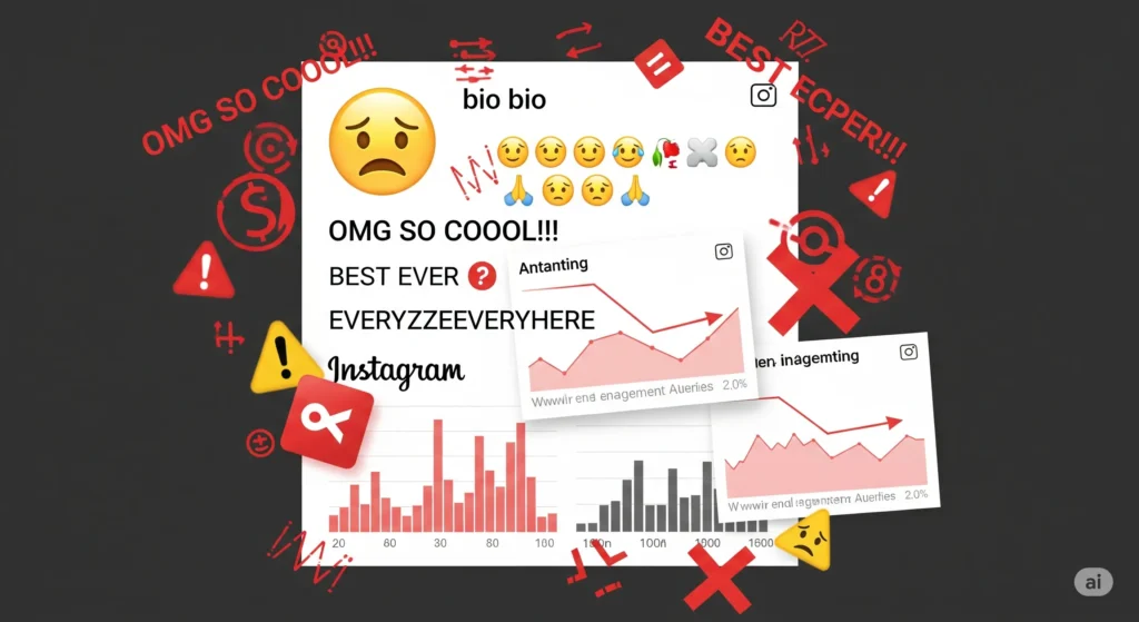 Bio Instagram Perfeita: 10 Elementos Essenciais Para Converter Visitantes Em Seguidores 6 Bio de Instagram caótica com emojis exagerados, texto confuso, erros e gráficos de engajamento em queda.