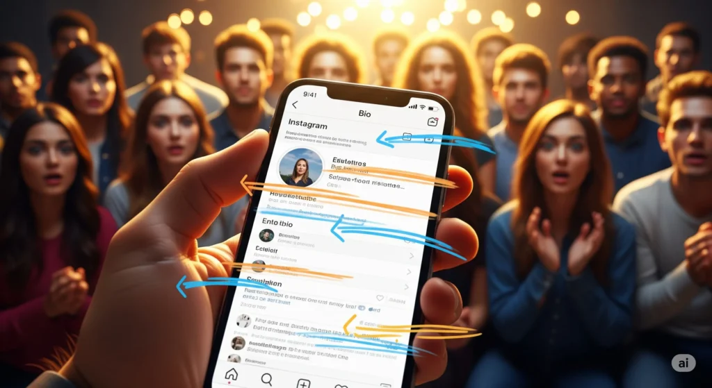 Bio Instagram Perfeita: 10 Elementos Essenciais Para Converter Visitantes Em Seguidores 5 Mão segurando celular mostrando perfil de Instagram com setas indicando diferentes seções da bio em destaque para uma audiência.