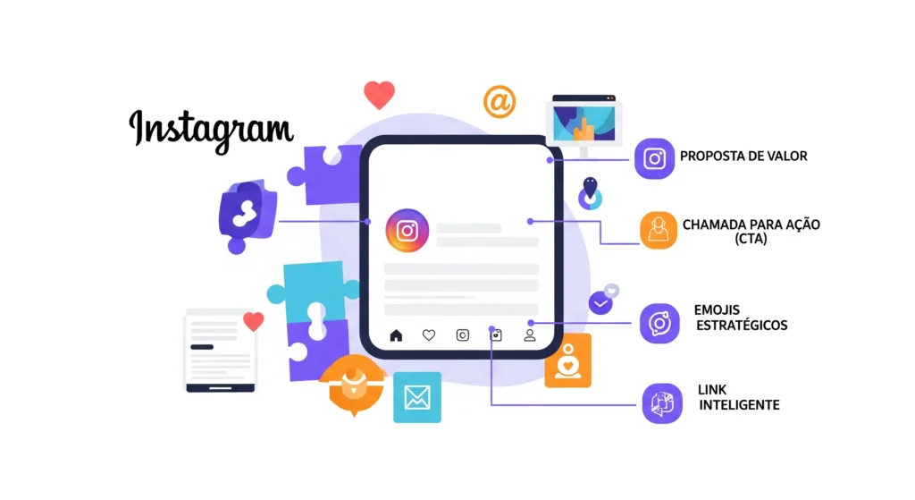Bio Instagram Perfeita: 10 Elementos Essenciais Para Converter Visitantes Em Seguidores 3 Layout de perfil de Instagram com destaque para proposta de valor, chamada para ação, emojis estratégicos e link inteligente.
