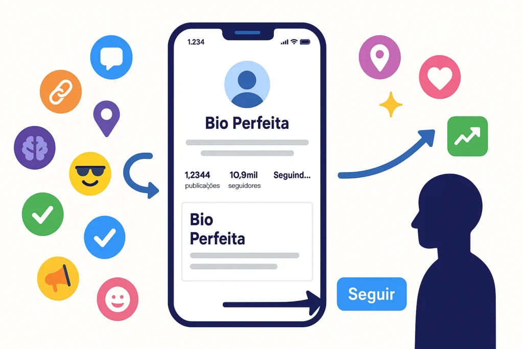 Bio Instagram Perfeita: 10 Elementos Essenciais Para Converter Visitantes Em Seguidores 1 Ilustração de um celular exibindo uma bio perfeita do Instagram com 10 ícones representando elementos essenciais para converter visitantes em seguidores.