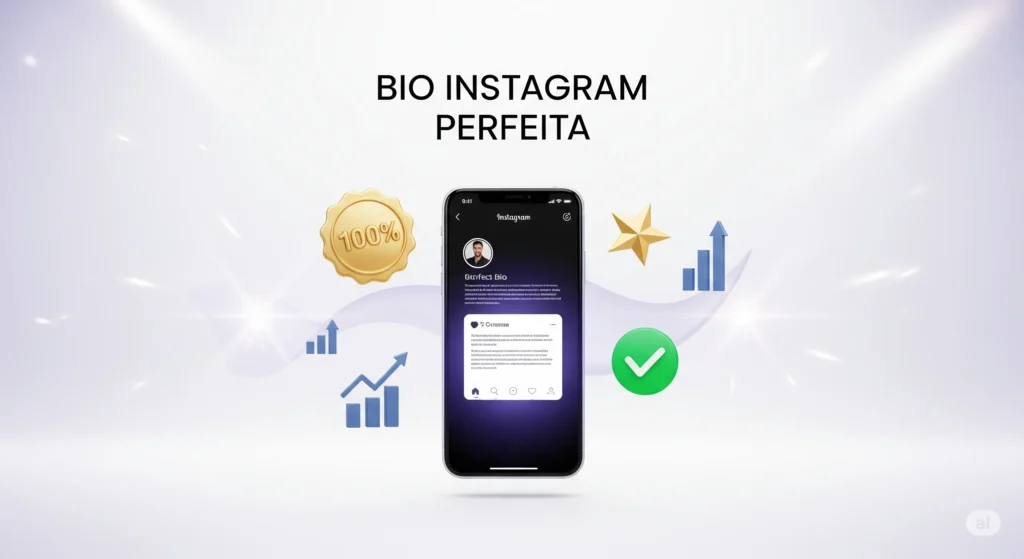 Tela de celular com perfil de Instagram otimizado exibindo bio clara, emojis, link e CTA, cercado por selos de aprovação e gráficos de crescimento em fundo elegante.