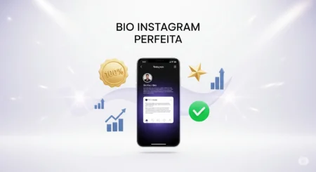 Tela de celular com perfil de Instagram otimizado exibindo bio clara, emojis, link e CTA, cercado por selos de aprovação e gráficos de crescimento em fundo elegante.