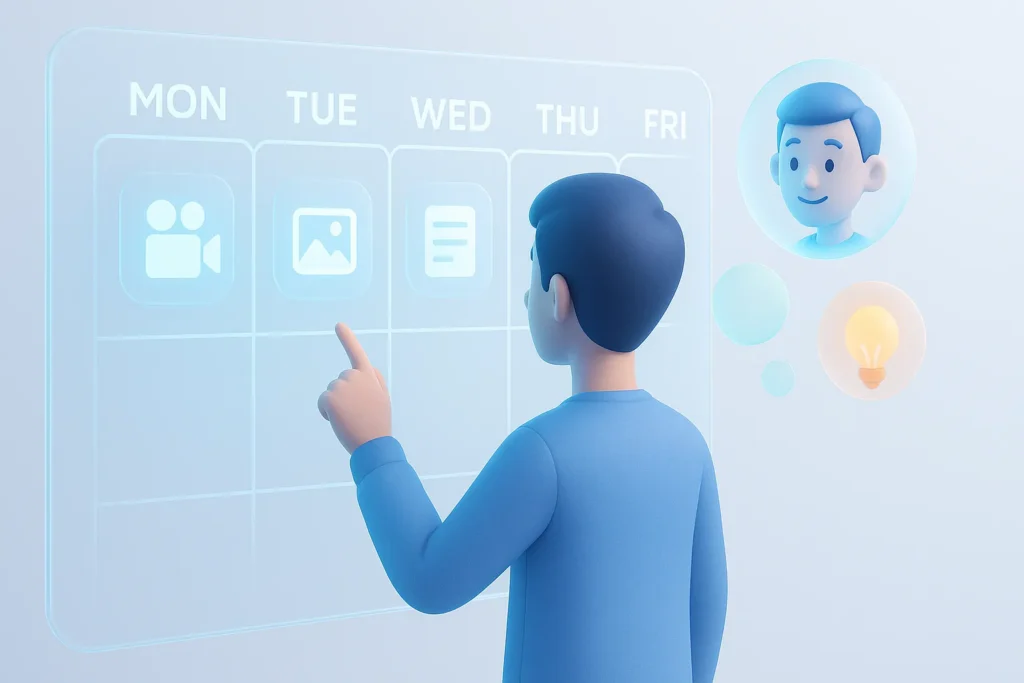 Calendário De Conteúdo: Como Planejar 30 Dias De Posts Em 2 Horas 1 Pessoa preenchendo lousa digital com calendário de conteúdo e avatar holográfico sugerindo ideias criativas
