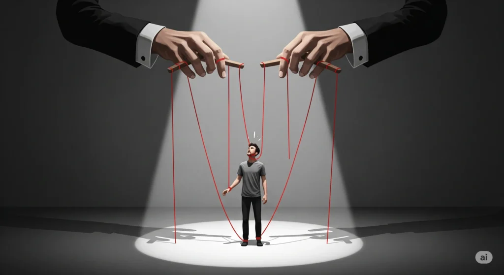 Influenciador digital como um marionete, sendo controlado por mãos gigantes que representam a marca, simbolizando a falta de liberdade criativa.