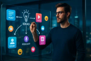 Profissional criativo desenhando conexões de ideias em quadro digital com ícones de conteúdo ao redor