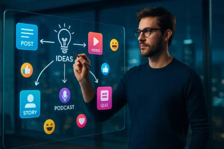 Profissional criativo desenhando conexões de ideias em quadro digital com ícones de conteúdo ao redor