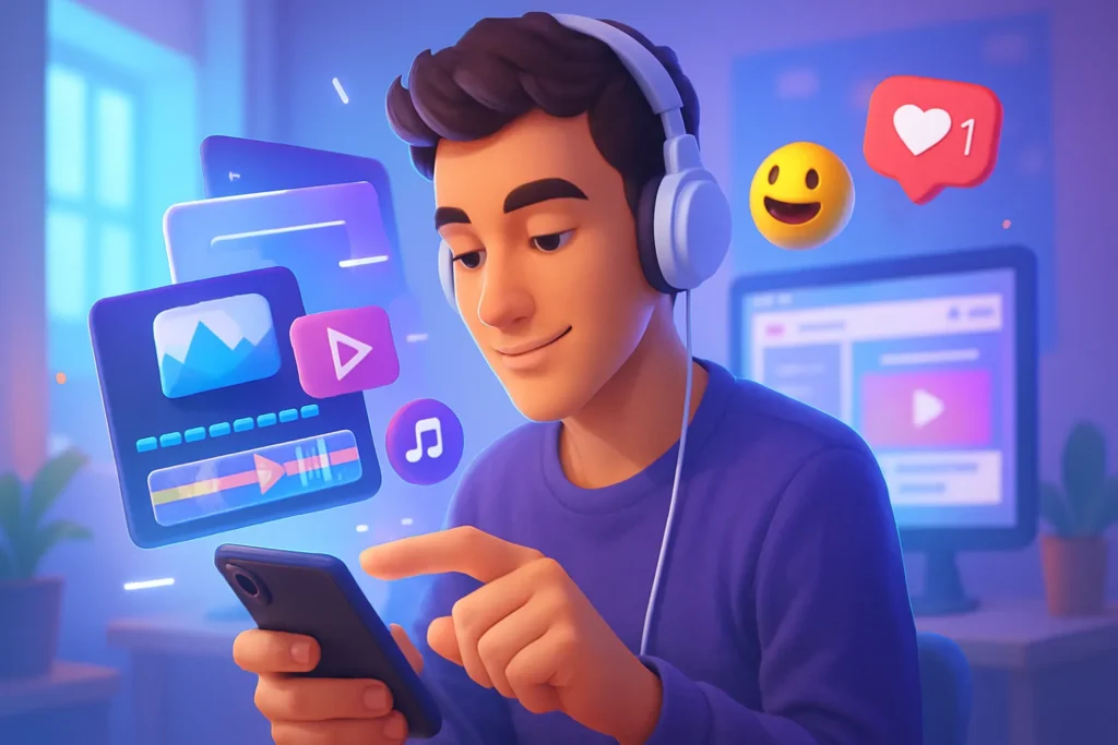 Edição De Vídeo No Celular: 15 Apps E Técnicas Para Criar Conteúdo Profissional 2 Criador de conteúdo editando vídeo no celular com efeitos digitais flutuantes