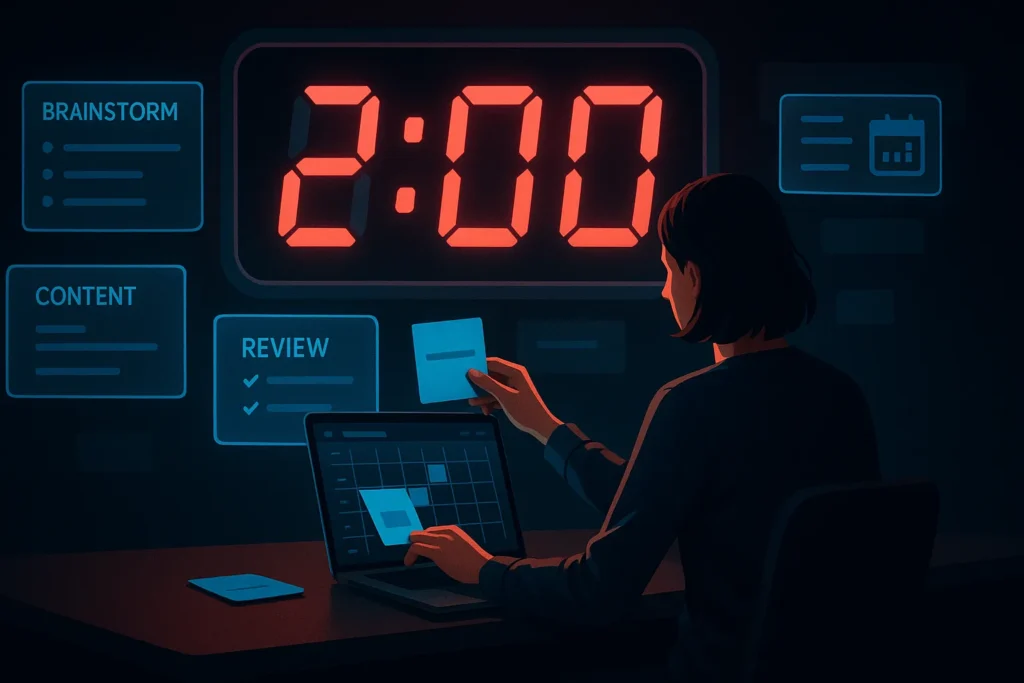 Calendário De Conteúdo: Como Planejar 30 Dias De Posts Em 2 Horas 5 Pessoa organizando tarefas em calendário digital diante de cronômetro marcando duas horas