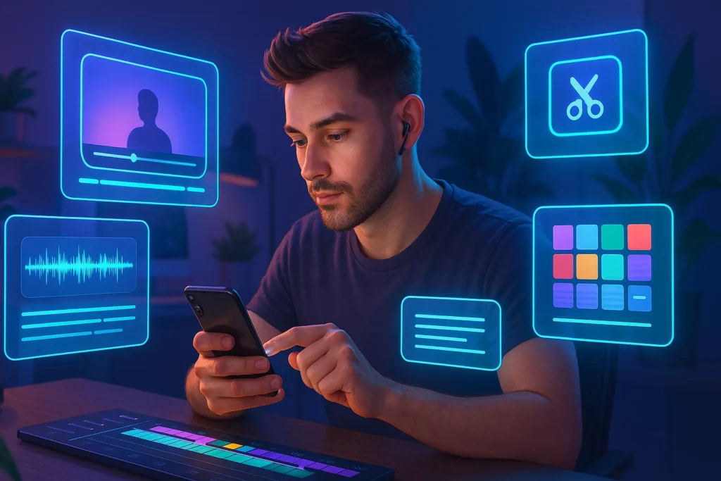 Criador digital editando vídeo no celular com painéis holográficos ao redor