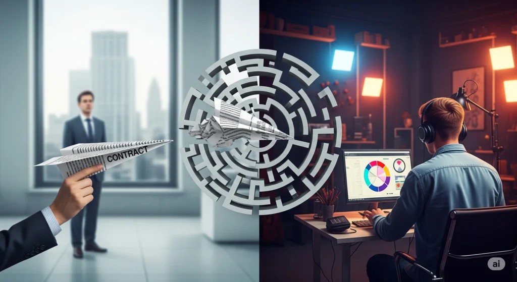 Arte conceitual mostrando a comunicação falha entre uma empresa e um influenciador, com um avião de papel feito de contrato perdido num labirinto.