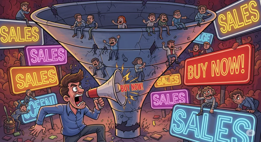 Ilustração de um influenciador gritando "compre agora" no fundo de um funil de vendas, fazendo com que o público fuja em vez de comprar.