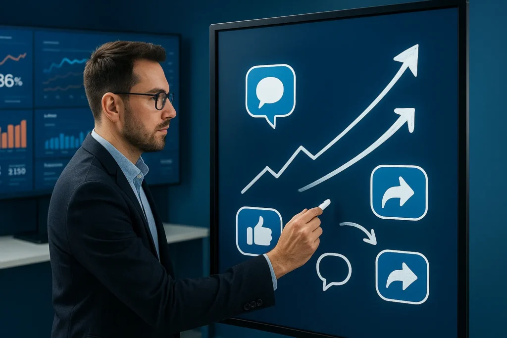 12 Tendências De Redes Sociais Que Estão Transformando O Marketing Digital 6 Profissional traçando estratégias digitais em quadro com ícones de engajamento e métricas de redes sociais.
