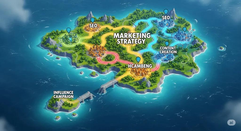 Mapa estratégico mostrando a campanha de influência como uma ilha isolada, com uma ponte quebrada que não se conecta à ilha principal da estratégia de marketing.