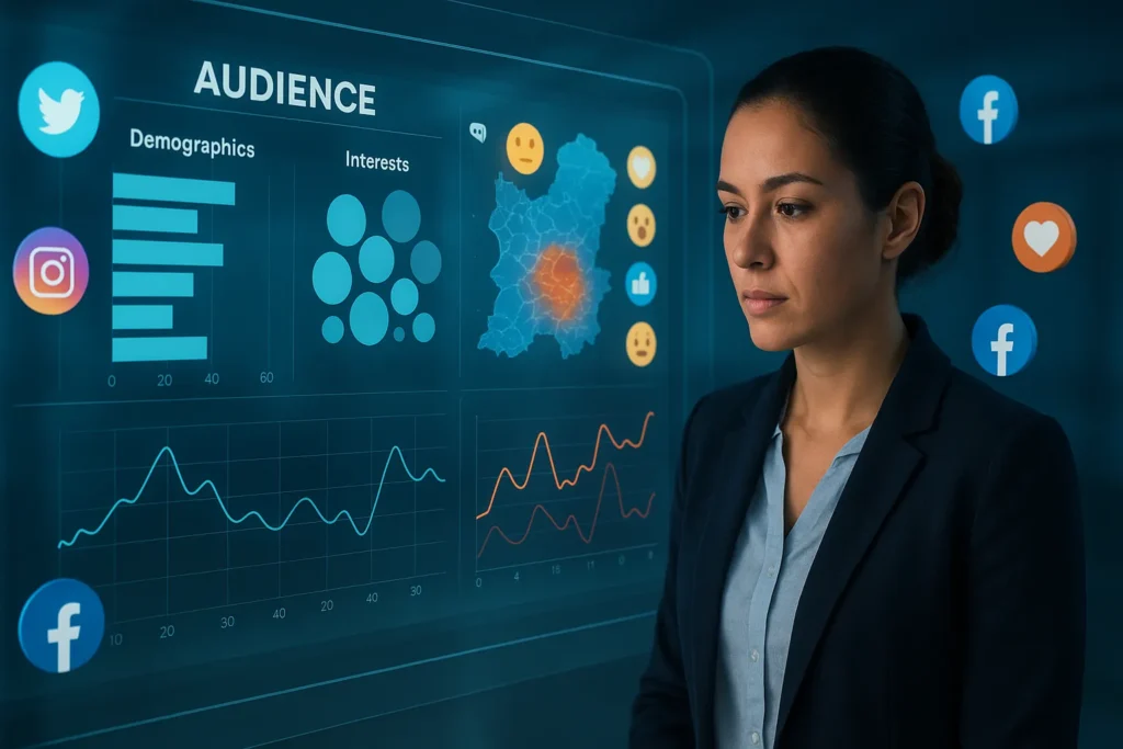 Como Criar Conteúdo: 7 Passos Práticos Para Nunca Mais Ficar Sem Ideias 3 Mulher estrategista analisando painel digital com dados de audiência e ícones de redes sociais