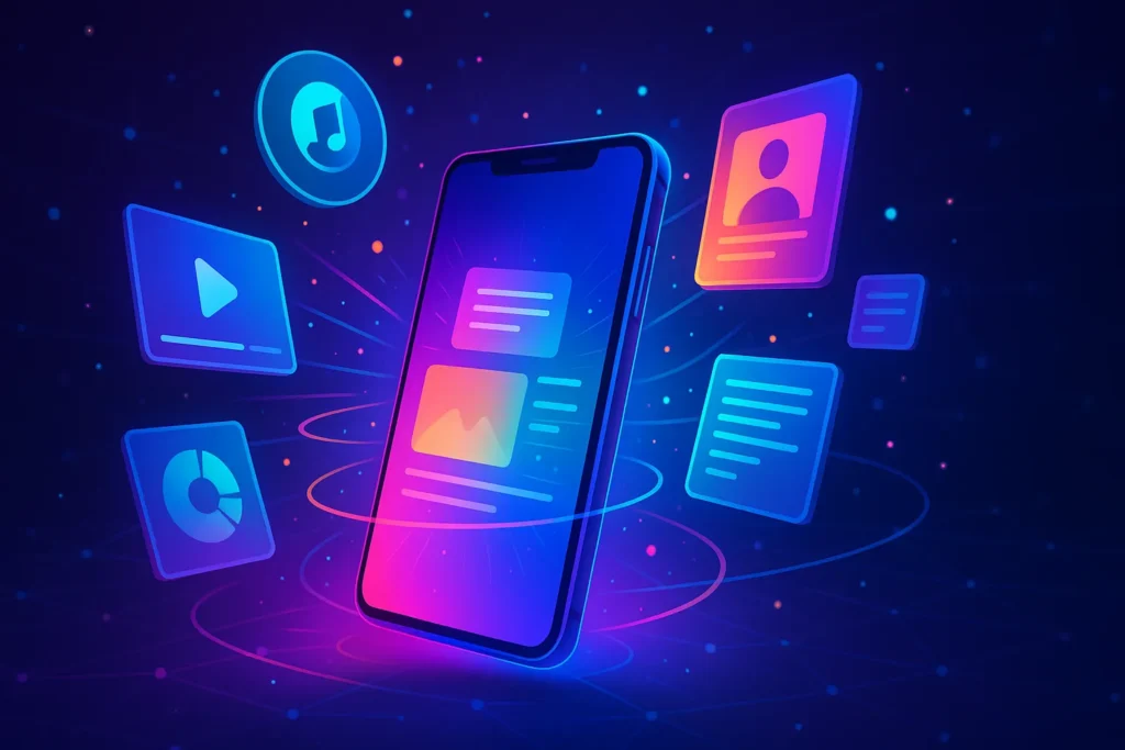 Como Criar Conteúdo: 7 Passos Práticos Para Nunca Mais Ficar Sem Ideias 2 Conteúdos digitais emergindo de smartphone com visual futurista vibrante