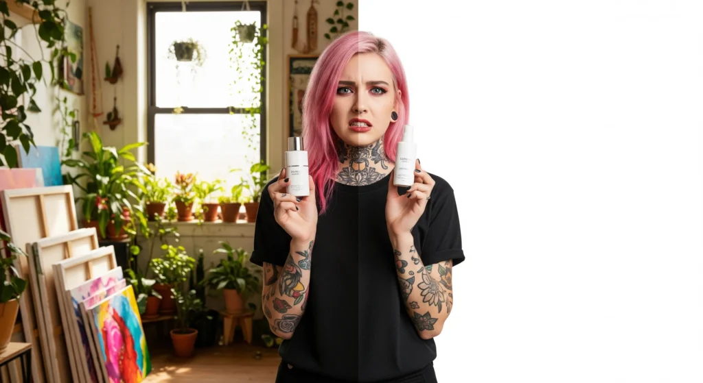 Influenciadora de moda alternativa com cabelo colorido e tatuagens segura um produto de luxo com um sorriso forçado, mostrando a falta de alinhamento de valores.