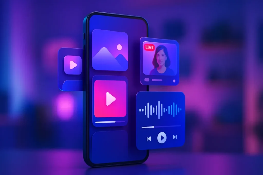 12 Tendências De Redes Sociais Que Estão Transformando O Marketing Digital 4 Smartphone exibindo carrosséis, vídeos, lives e podcasts flutuando em estilo digital
