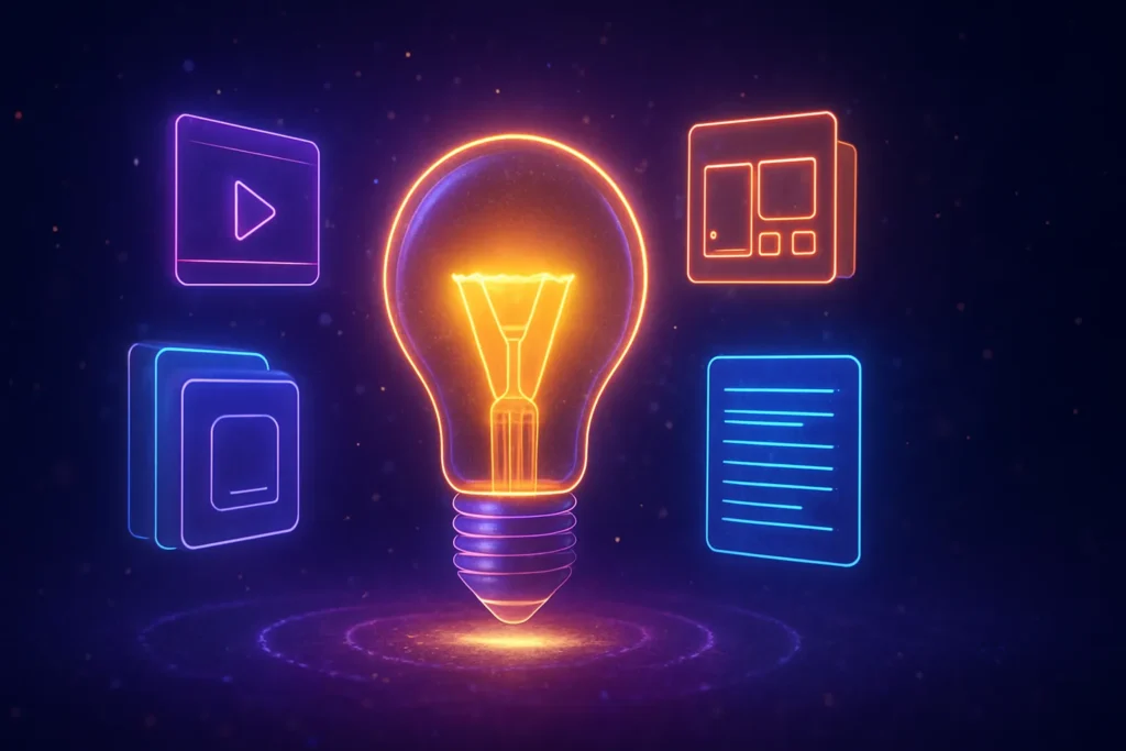 Como Criar Conteúdo: 7 Passos Práticos Para Nunca Mais Ficar Sem Ideias 6 Lâmpada digital irradiando formatos de conteúdo como vídeo, texto, carrossel e podcast flutuando ao redor