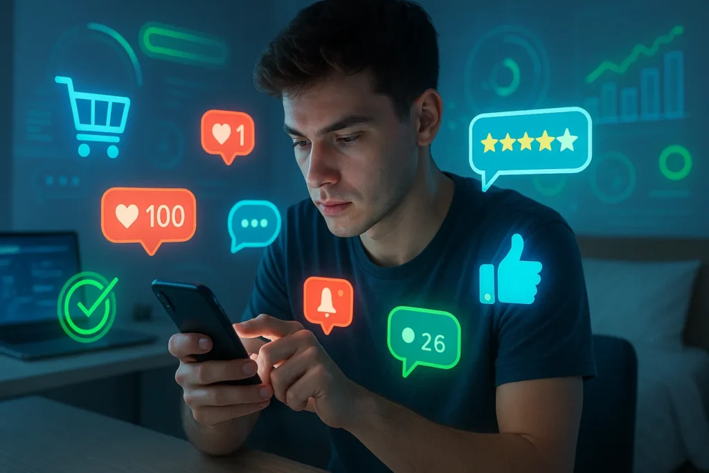 12 Tendências De Redes Sociais Que Estão Transformando O Marketing Digital 3 Jovem interagindo com múltiplas plataformas digitais cercado por ícones de redes sociais e consumo online