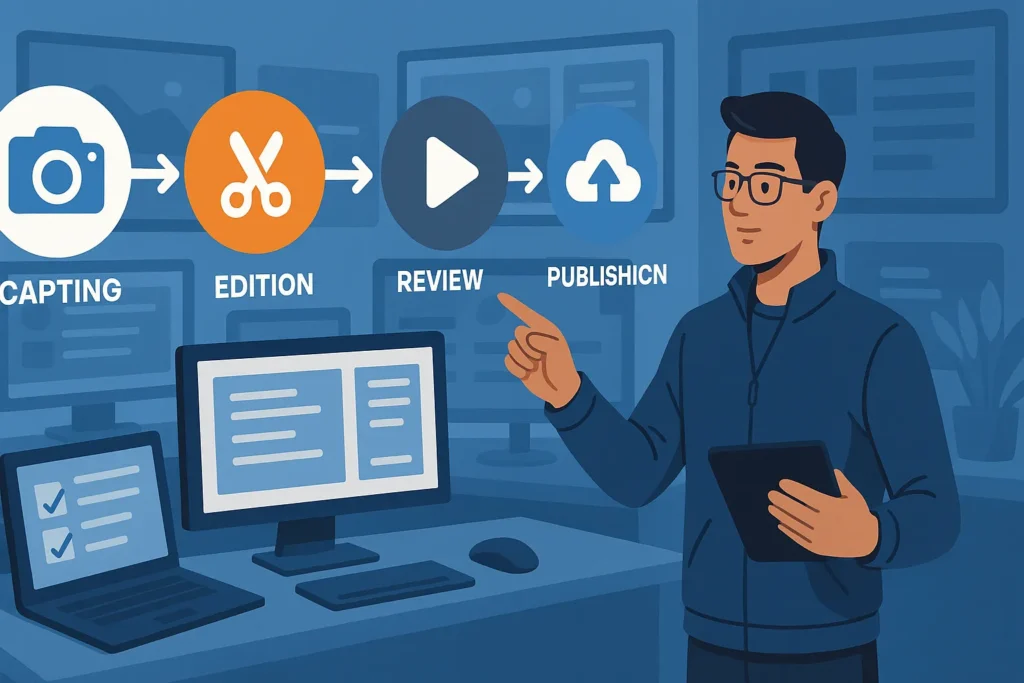 Edição De Vídeo No Celular: 15 Apps E Técnicas Para Criar Conteúdo Profissional 8 Linha do tempo de criação de conteúdo com etapas visuais e criador apontando o fluxo em estúdio tech