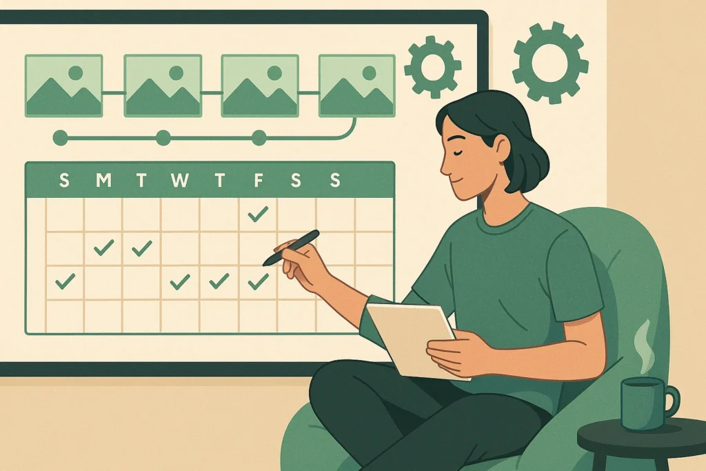Como Criar Conteúdo: 7 Passos Práticos Para Nunca Mais Ficar Sem Ideias 9 Criador de conteúdo planejando posts em calendário digital com engrenagens e chá ao lado.