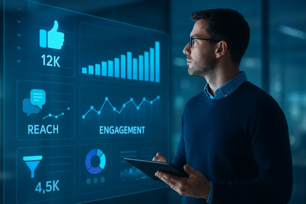 11 Métricas De Redes Sociais Que Realmente Importam Para Seu Negócio 3 Profissional analisa métricas de redes sociais em painel holográfico digital