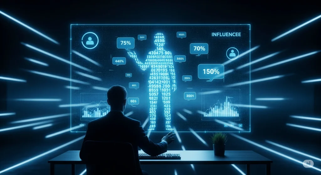 Gerente de marketing de costas analisa dados de um influenciador em uma tela holográfica gigante em um escritório escuro com estética cyberpunk, simbolizando a escolha baseada apenas em números.
