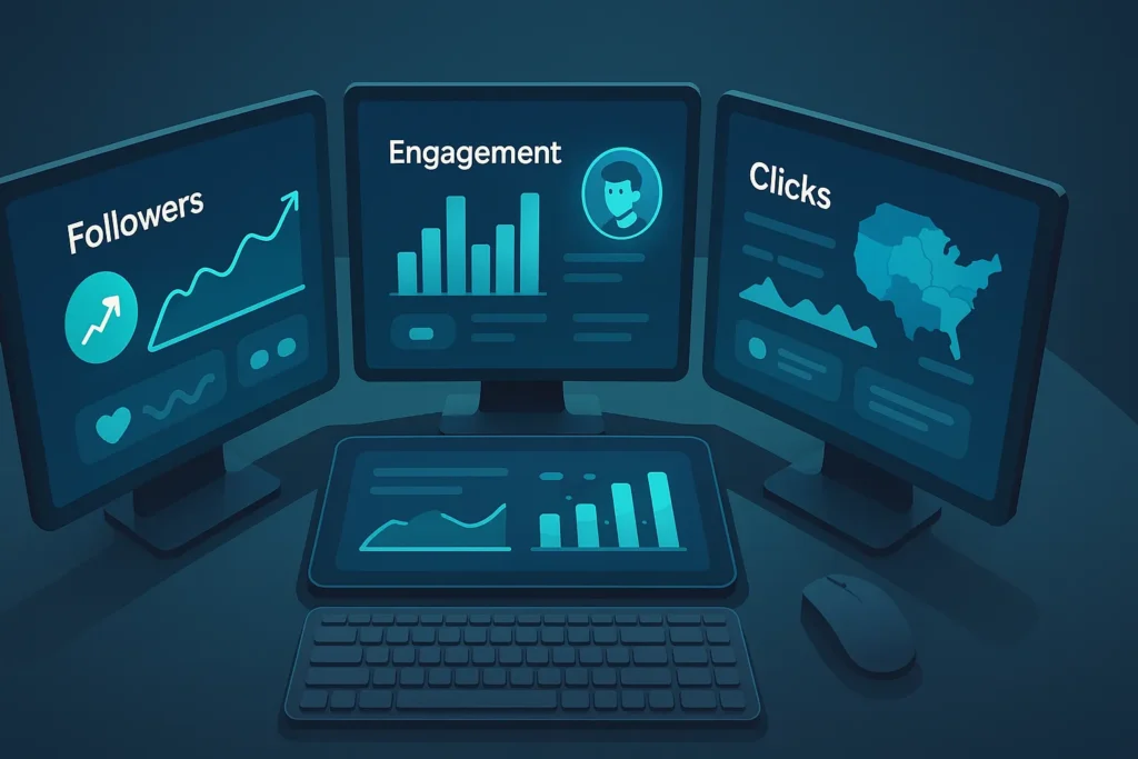 Mesa com três telas exibindo dashboards de redes sociais com dados em tempo real