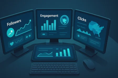 Mesa com três telas exibindo dashboards de redes sociais com dados em tempo real