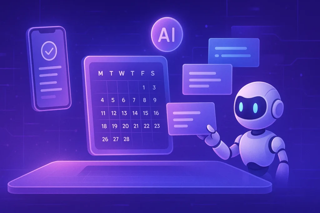 Calendário De Conteúdo: Como Planejar 30 Dias De Posts Em 2 Horas 6 Robô digital organiza tarefas em mesa futurista com IA e calendário flutuante