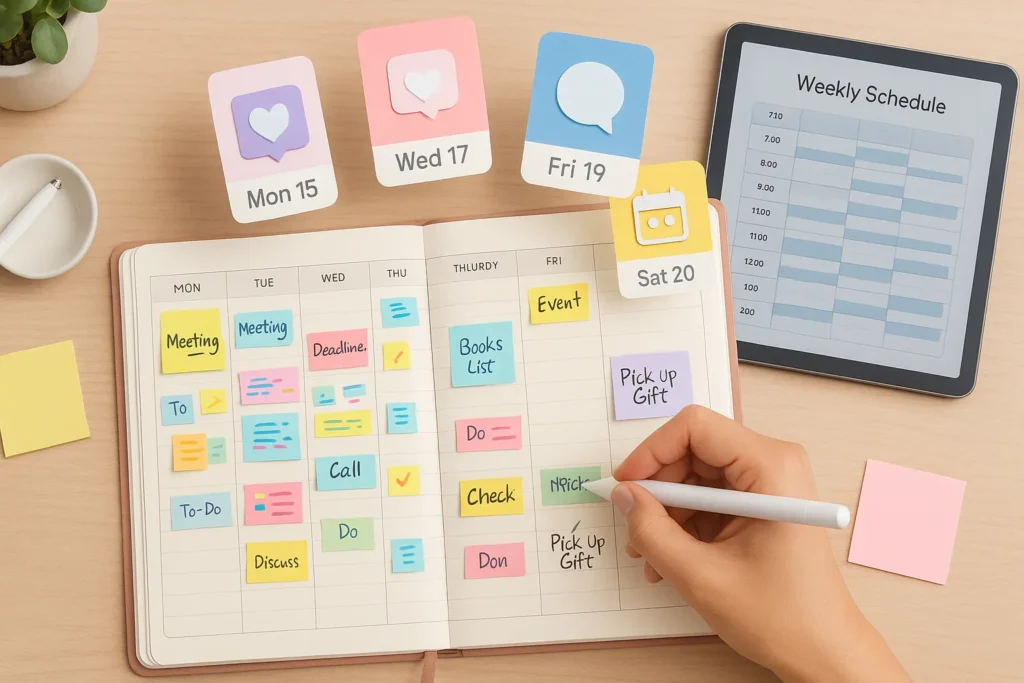 Vista superior de mesa com planner semanal, cards de redes sociais flutuantes e tablet exibindo cronograma