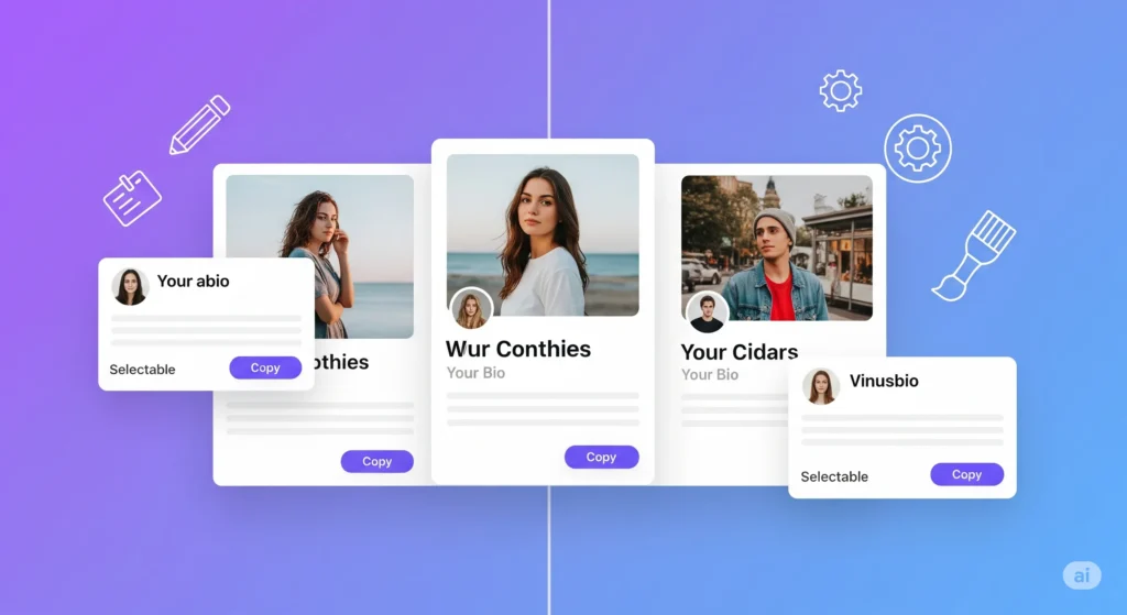 Bio Instagram Perfeita: 10 Elementos Essenciais Para Converter Visitantes Em Seguidores 7 Tela com exemplos de bios de Instagram bem escritas e personalizáveis, com opções de copiar e selecionar.