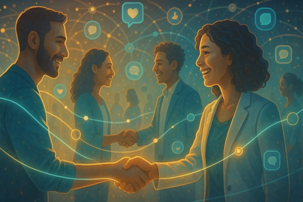 Personal Branding: 5 Pilares Para Construir Uma Marca Pessoal Autêntica 9 Pessoas conectadas por luz em ambiente digital de networking profissional