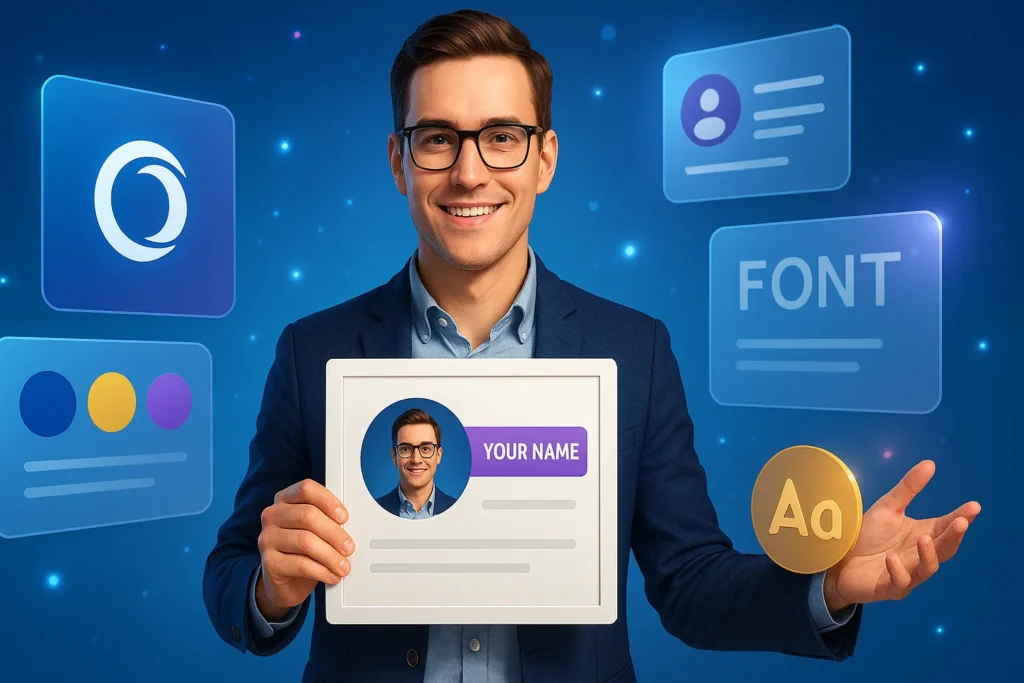 Personal Branding: 5 Pilares Para Construir Uma Marca Pessoal Autêntica 2 Pessoa segurando identidade visual digital com elementos flutuantes de personal branding em ambiente virtual